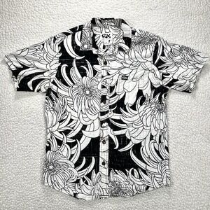 Rix Hawaiian Aloha Shirt Size Lrg Black White Floral Made in Hawaii Tropical